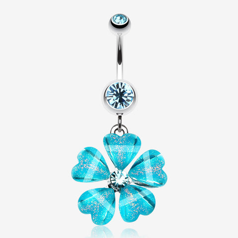 Shimmering Flower Heart Petal Dangle Belly Ring-Aqua