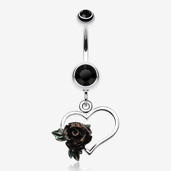 Glittering Sweet Heart with Rose Belly Button Ring-Black