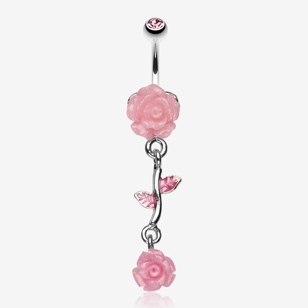 Shimmering Rose Vine Belly Ring-Light Pink