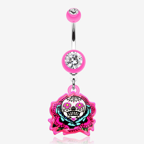 Sugar Skull Rose Belly Button Ring-Pink