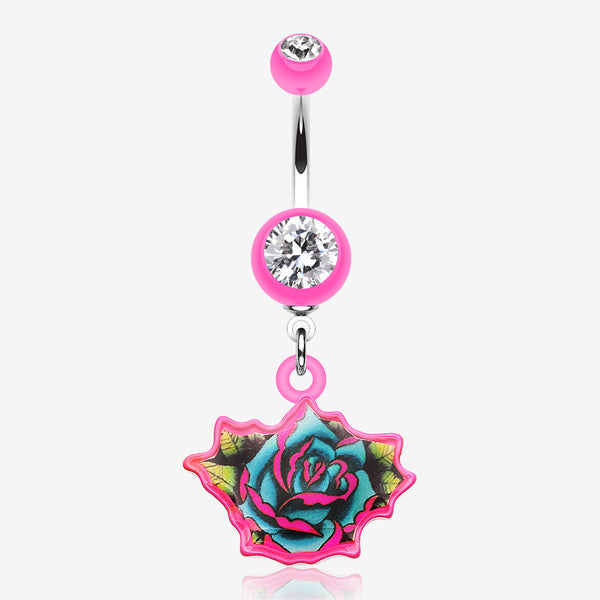 Retro Tattooed Rose Belly Button Ring-Pink