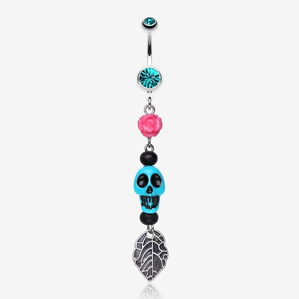 Colorful Rose Skull Leaf Dangle Belly Ring-Teal