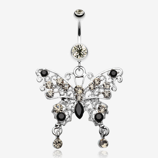 Fancy Gem Butterfly Belly Button Ring-Black Diamond/Black