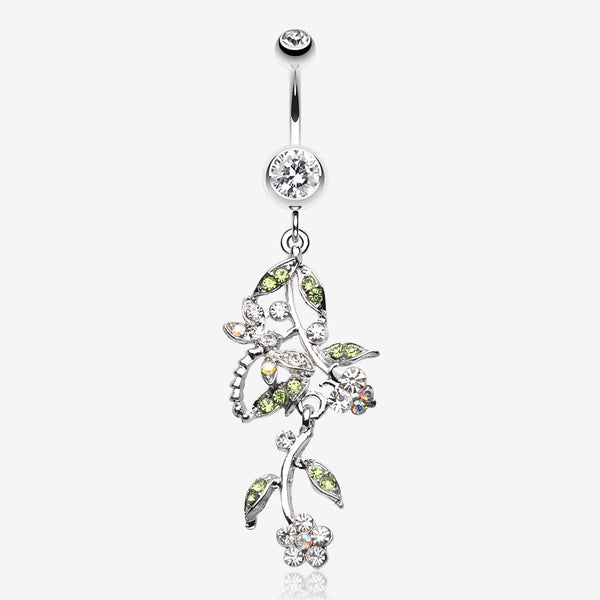 Romantic Vines with Flowers Belly Button Rings-Clear Gem