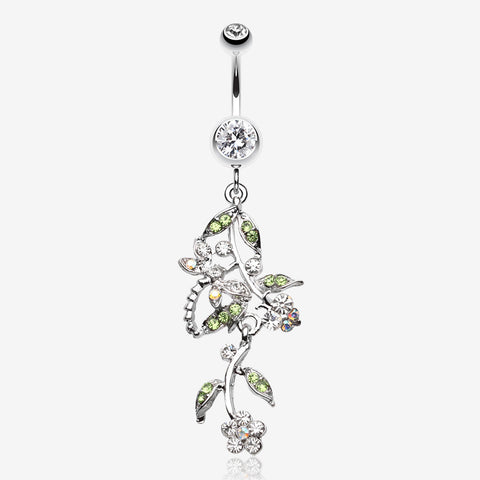 Romantic Vines with Flowers Belly Button Rings-Clear Gem