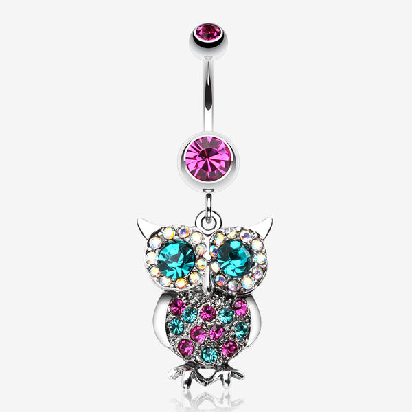 Jeweled Sparkling Owl Dangle Belly Ring-Fuchsia