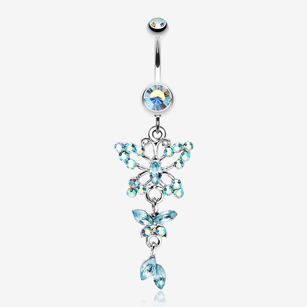 Glam Butterfly Fall Fancy Belly Ring-Aqua/Aurora Borealis