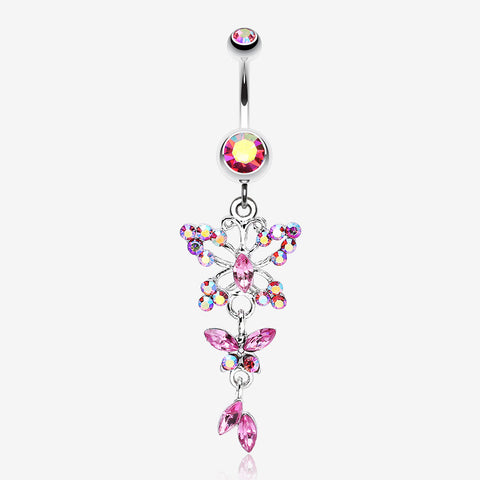 Glam Butterfly Fall Fancy Belly Ring-Pink/Aurora Borealis