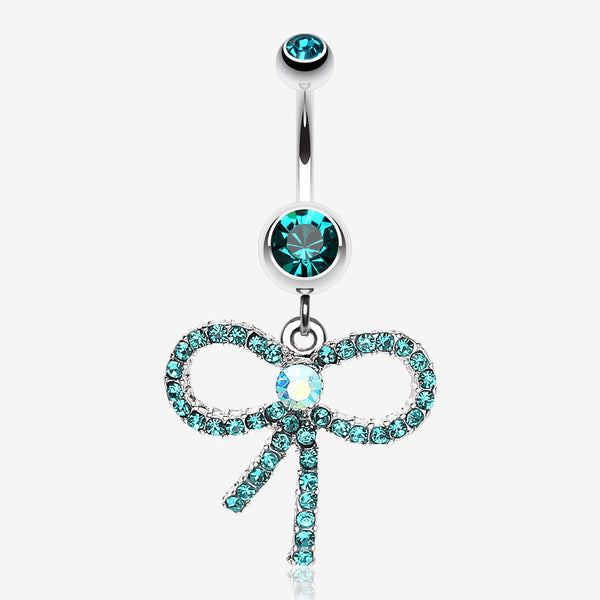 Sparkling Ribbon Dangle Belly Ring-Teal