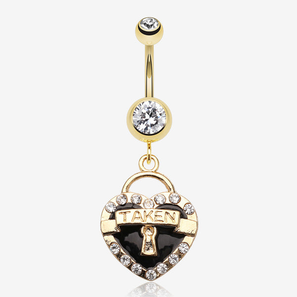 Golden Heart Lock Sparkle Belly Ring-Clear Gem/Black