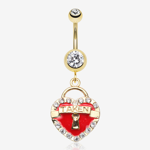 Golden Heart Lock Sparkle Belly Ring-Clear Gem/Red