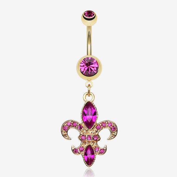 Golden Fleur de Lis Belly Ring-Fuchsia