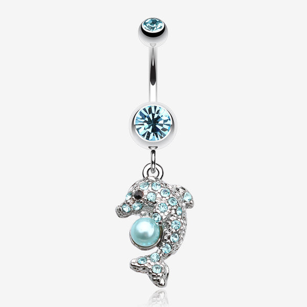 Sparkling Dolphin Belly Button Ring-Aqua