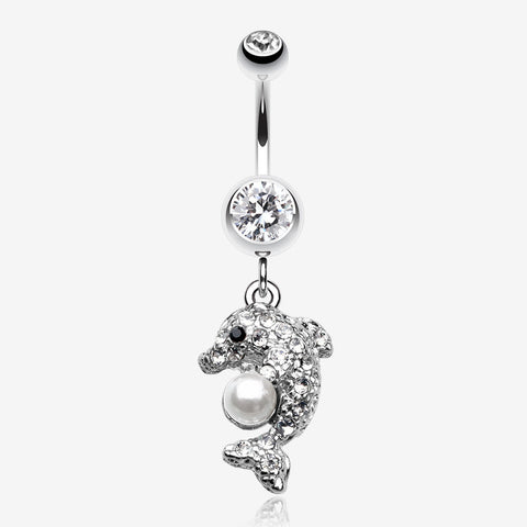 Sparkling Dolphin Belly Button Ring-Clear Gem/White