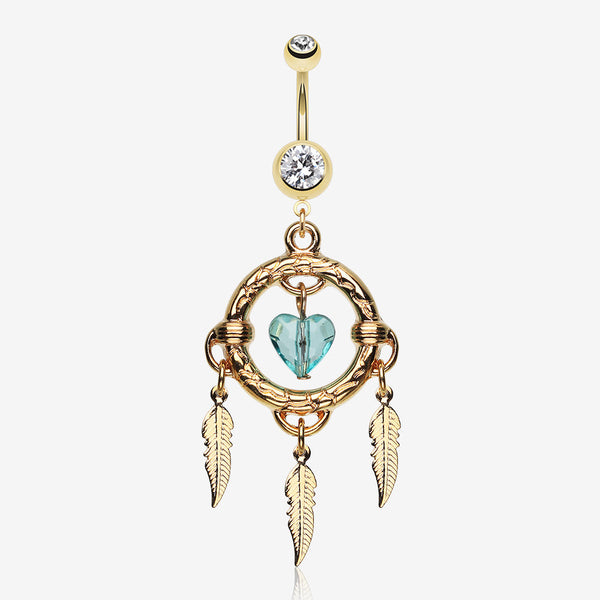 Golden Heart Hoop Dream Catcher Belly Ring-Clear Gem