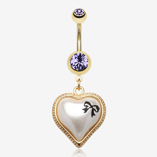 Golden Puffed Pearl Heart Ribbon Belly Ring-Tanzanite