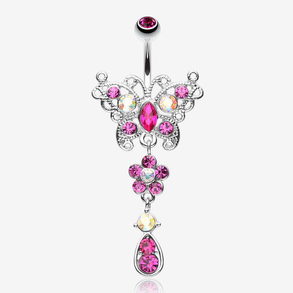 Glistening Butterfly Flower Belly Button Ring-Fuchsia