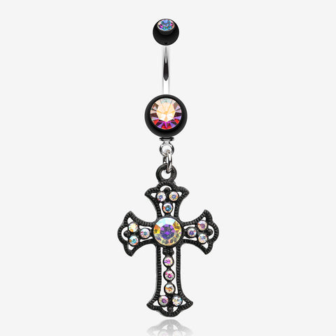 Blackline Opulent Cross Belly Button Ring-Aurora Borealis