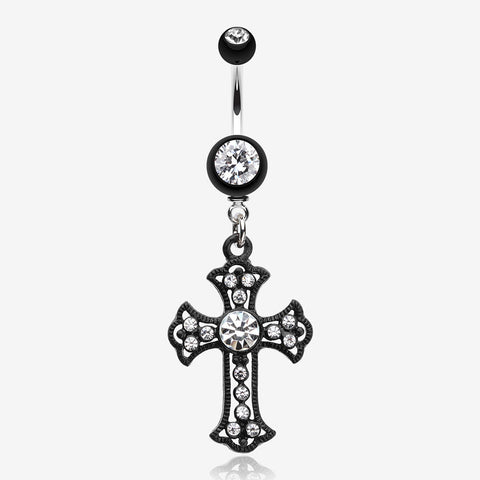 Blackline Opulent Cross Belly Button Ring-Clear Gem