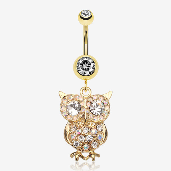 Golden Owl Sparkle Belly Ring-Clear Gem