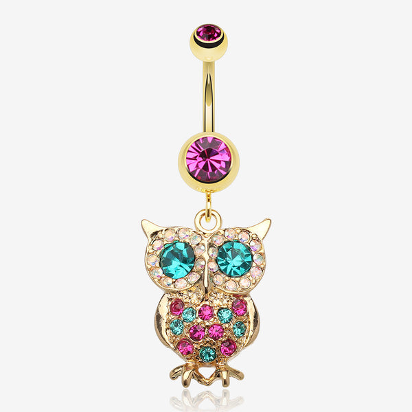 Golden Owl Sparkle Belly Ring-Fuchsia