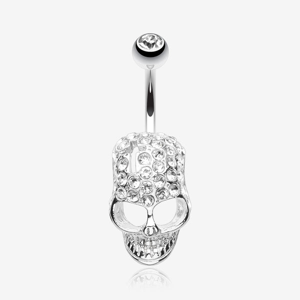 Cross Gem Paved Hardcore Skull Belly Button Ring-Clear Gem