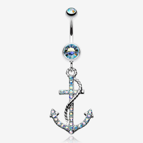 Glistening Gem Anchor Dock Belly Button Ring-Aqua/Aurora Borealis