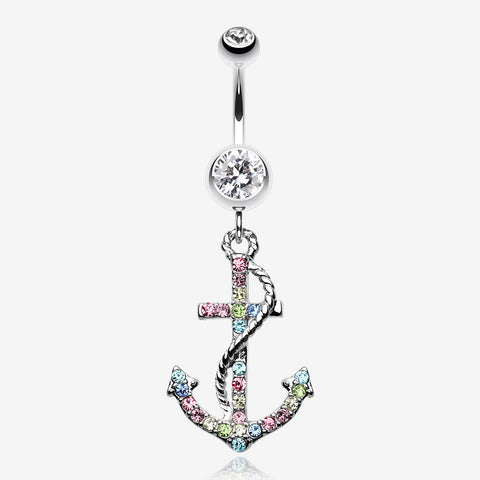 Glistening Gem Anchor Dock Belly Button Ring-Clear Gem/Rainbow