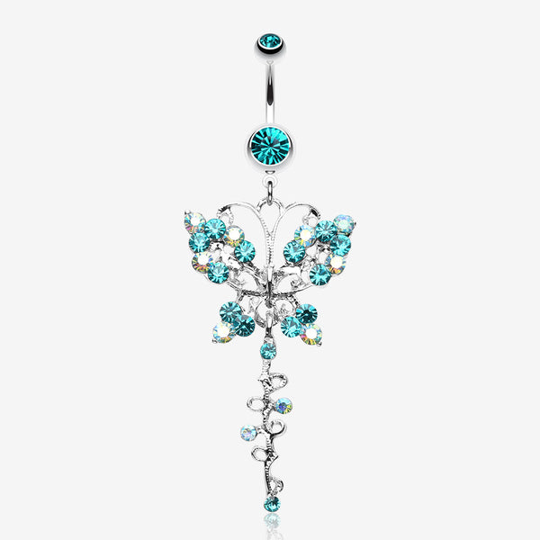 Opulent Butterfly Multi-Gem Belly Button Ring-Teal/Aurora Borealis