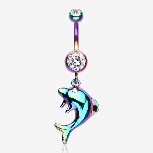 Rainbow Dolphin Jump Belly Button Ring-Clear Gem