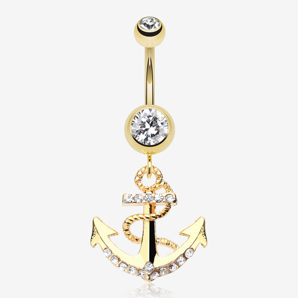 Golden Anchor Dock Belly Button Ring-Clear Gem