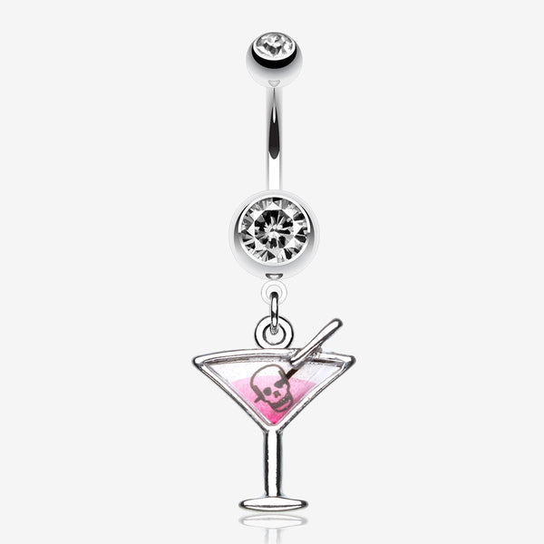 Poison Skull Martini Glass Belly Ring-Clear Gem/White