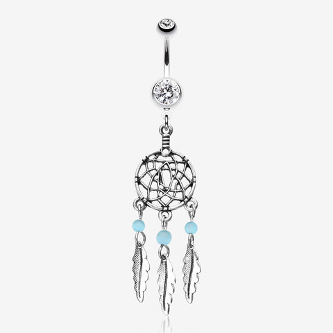 Classic Beaded Dreamcatcher Belly Button Ring-Clear Gem/Aqua