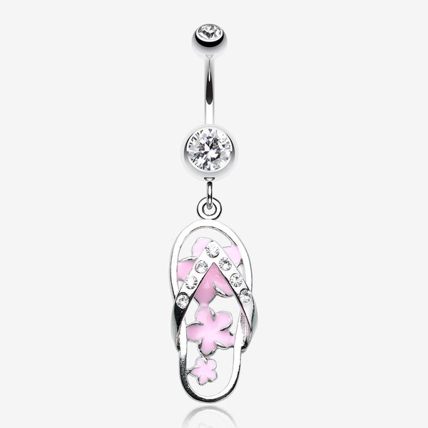 Summer Flower Sandal Belly Button Ring-Clear Gem/Pink