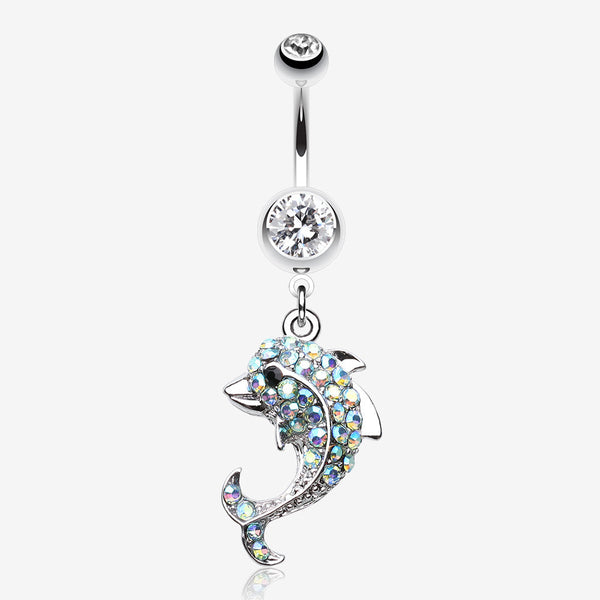 Sweet Sparkle Dolphin Belly Button Ring-Clear Gem/Aqua/Aurora Borealis