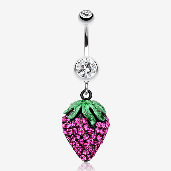 Glitter Sparkle Strawberry Belly Button Ring-Clear Gem/Fuchsia