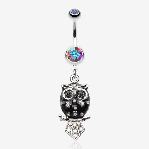 Sweet Blossom Owl Belly Button Ring-Aurora Borealis/Black