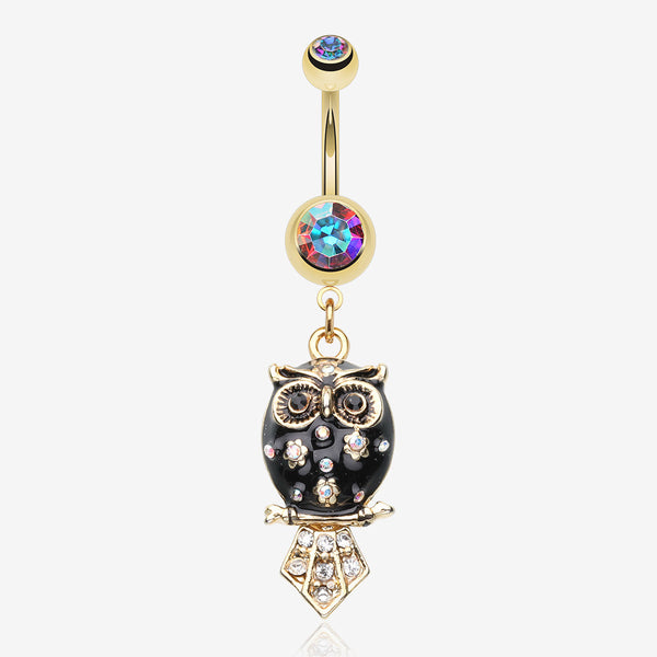 Golden Blossom Owl Belly Button Ring-Aurora Borealis/Black