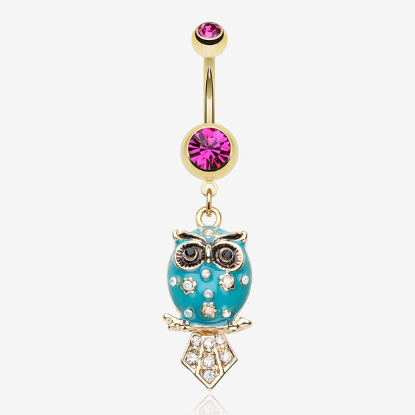 Golden Blossom Owl Belly Button Ring-Fuchsia/Teal