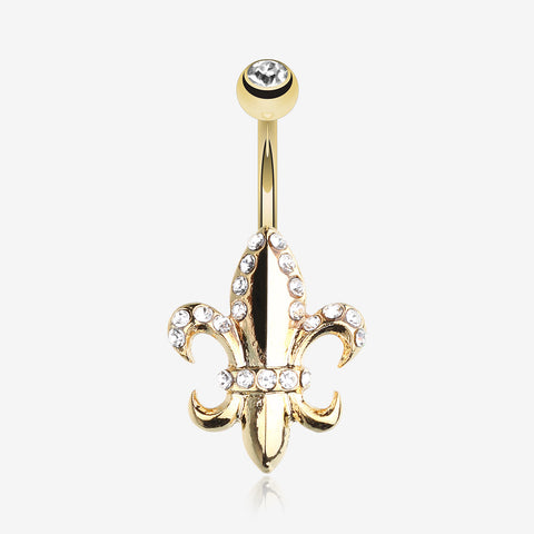 Golden Royal Fleur De Lis Belly Button Ring-Clear Gem