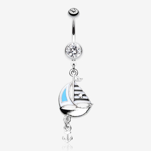 Classic Sail Boat Anchor Dangle Belly Button Ring-Clear Gem