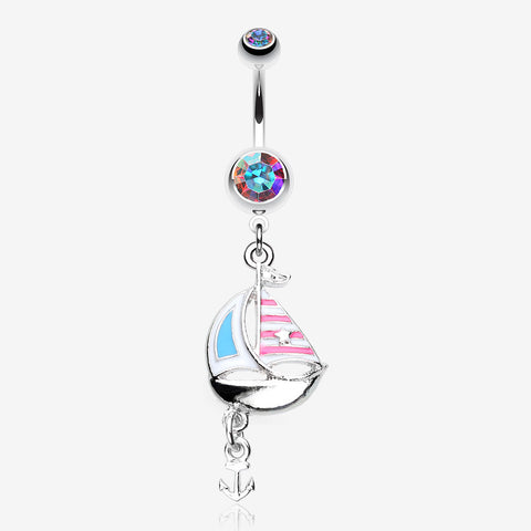 Classic Sail Boat Anchor Dangle Belly Button Ring-Pink/Aurora Borealis