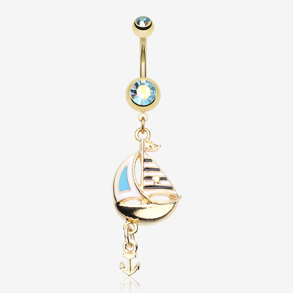 Golden Sail Boat Anchor Dangle Belly Button Ring-Aqua/Aurora Borealis