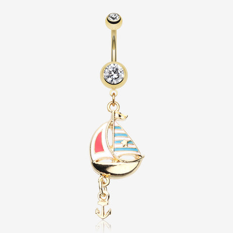 Golden Sail Boat Anchor Dangle Belly Button Ring-Clear Gem