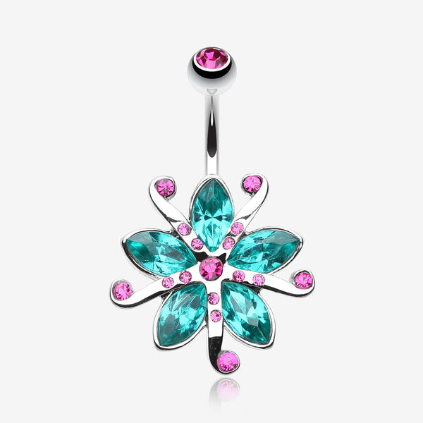 Glistening Lily Blossome Flower Belly Button Ring-Fuchsia/Teal