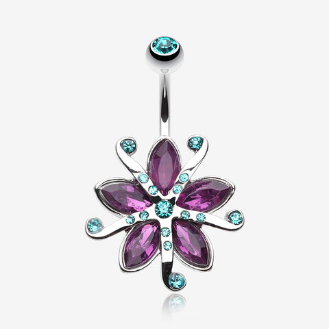 Glistening Lily Blossome Flower Belly Button Ring-Teal/Purple