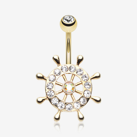 Golden Sparkle Anchor Wheel Belly Button Ring-Clear Gem