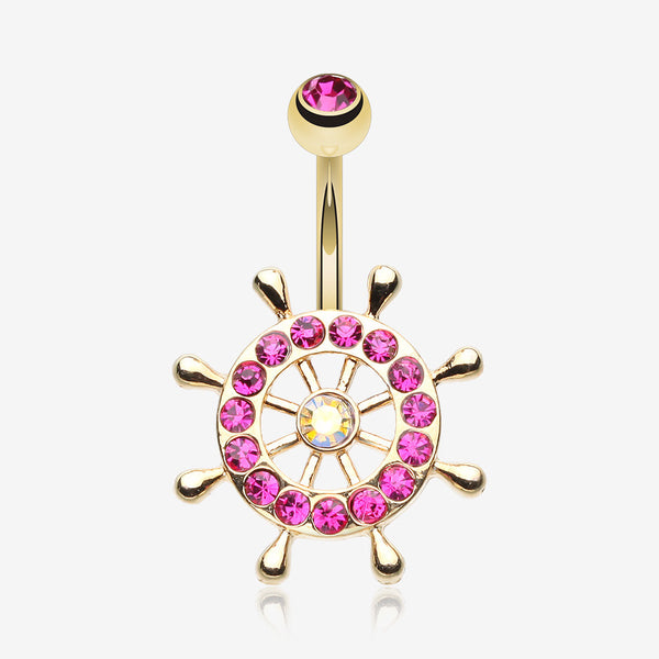 Golden Sparkle Anchor Wheel Belly Button Ring-Fuchsia