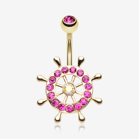 Golden Sparkle Anchor Wheel Belly Button Ring-Fuchsia