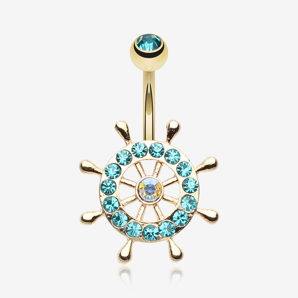 Golden Sparkle Anchor Wheel Belly Button Ring-Teal